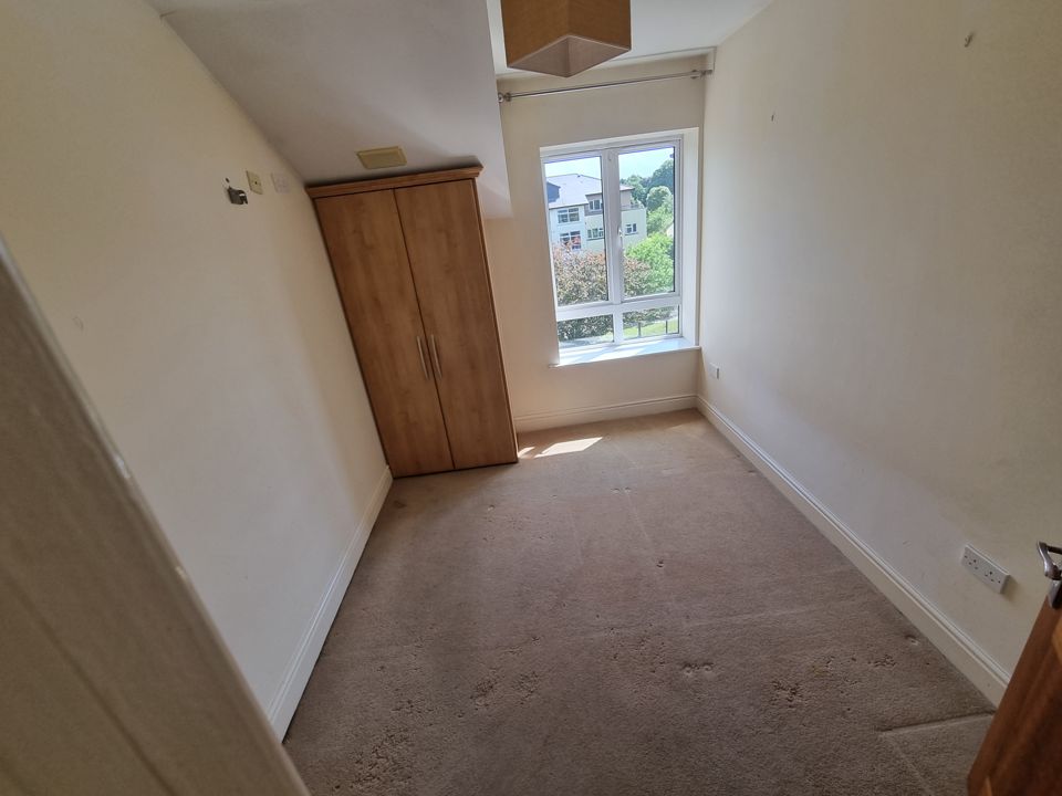 Emptied apartment bedroom after hoarder clearance, carpet bare, wardrobe and window remaining