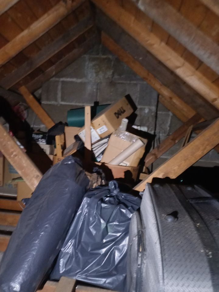 Attic space between roof rafters stuffed with bin bags, boxes and stored items