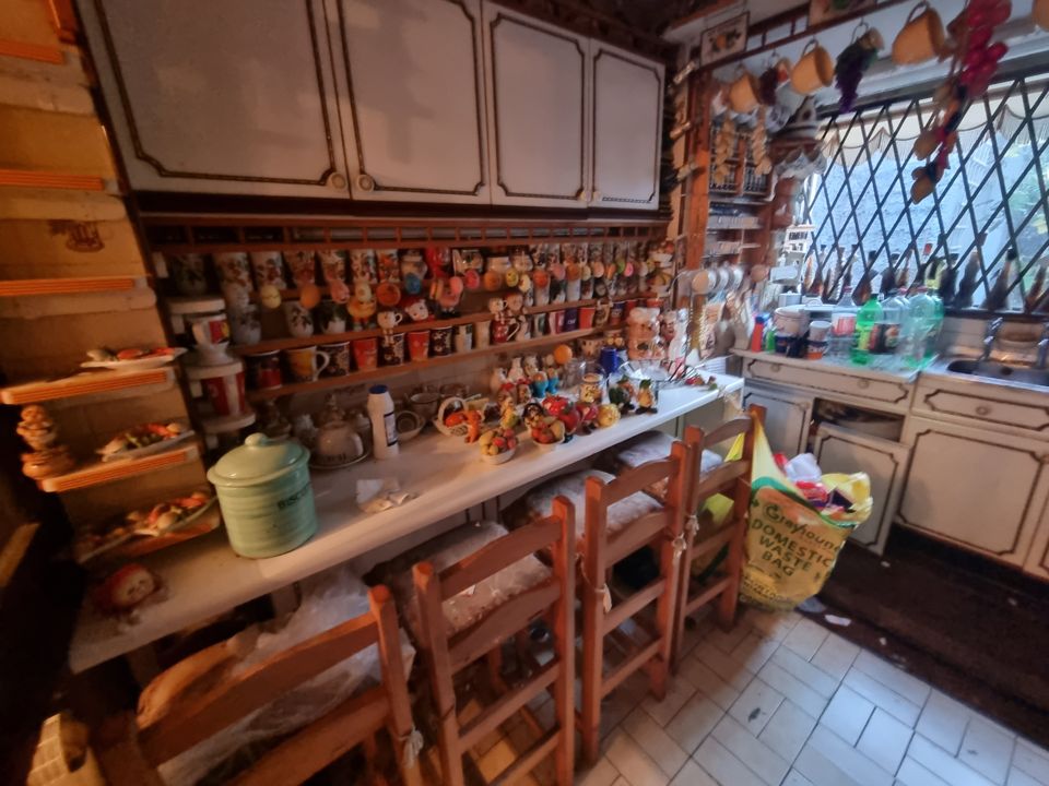 Kitchen packed with decades of collectables, mugs and ornaments on every shelf and counter