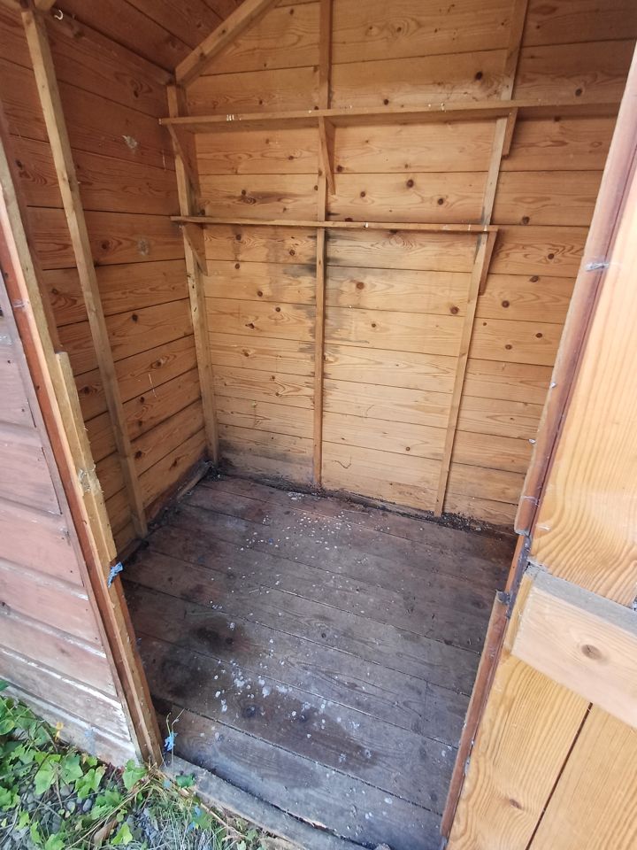 Small timber garden shed emptied: bare floorboards and empty shelves, doors open
