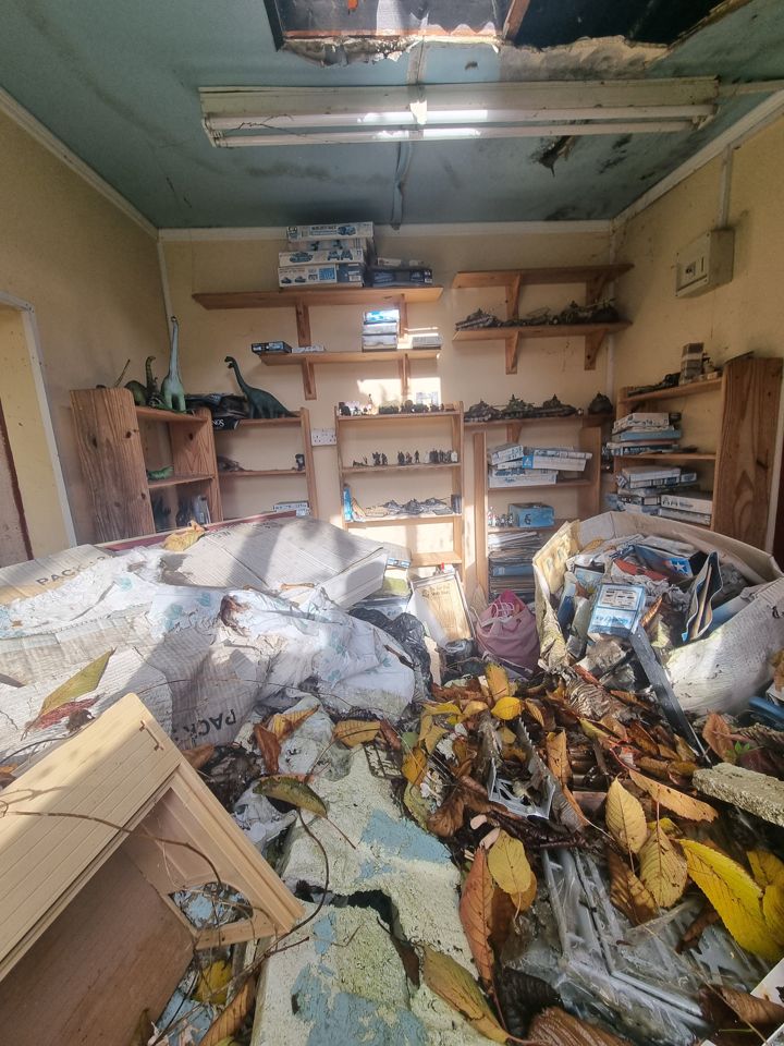 Derelict garden room under collapsed ceiling, floor buried in leaves, boxes and model kits