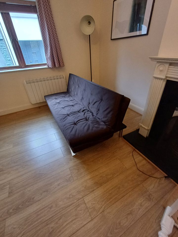 Sitting room with a sofa bed, floor lamp and pictures before a clearance by our Dublin crew